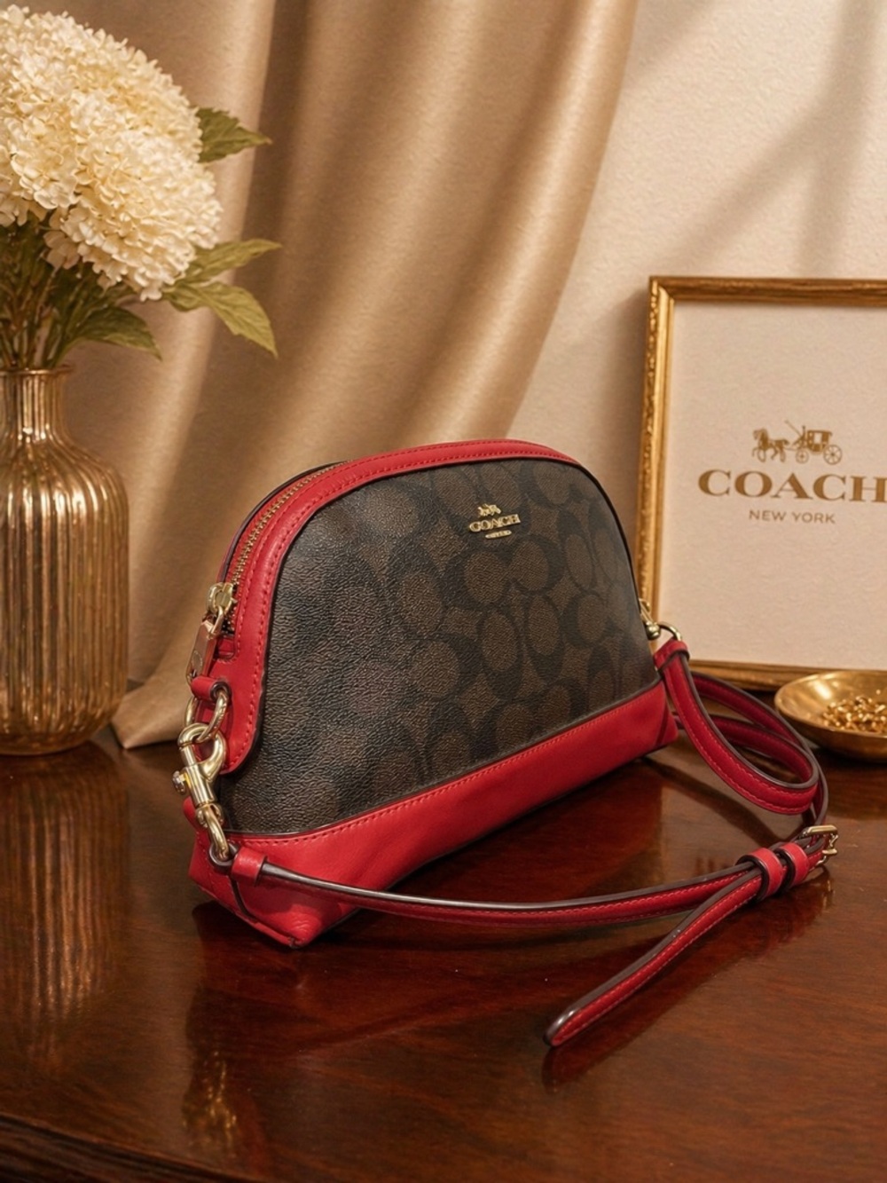 Coach Dome Crossbody in Signature Brown Coated Canvas & True Red Leather Trim - Picture 2 of 11